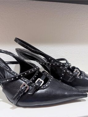 stradivarius Black Studded Pointed Slingback Heels with Buckle